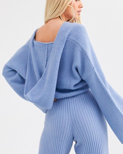 Missguided two-piece knitted crop hoodie in blue