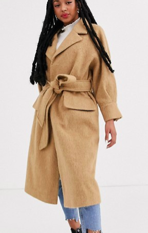 ASOS DESIGN Petite brushed belted coat in camel