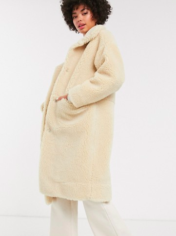 Monki midi teddy coat in off white