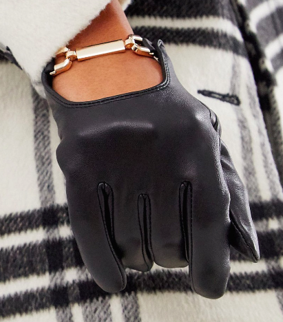 ASOS DESIGN leather gloves with gold snaffle hardware with touch screen in black