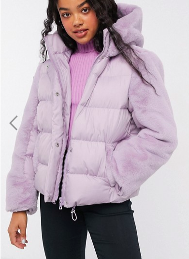ASOS DESIGN hybrid faux fur paneled puffer jacket in lilac