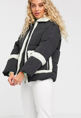Monki oversized puffer jacket with borg detailing in black