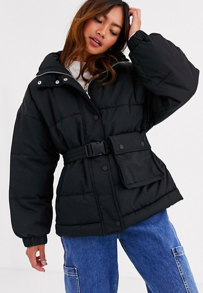 Pull&amp;Bear belted puffer jacket in black