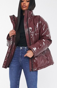 ASOS DESIGN vinyl oversized puffer jacket in oxblood