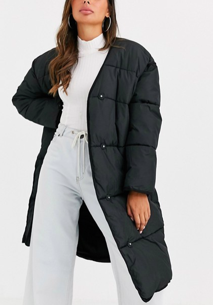 ASOS DESIGN collarless padded coat in black