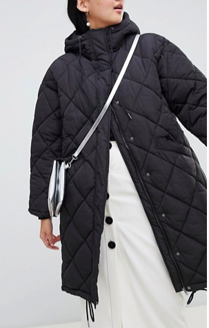 Monki quilted lightweight coat with hoodie in black