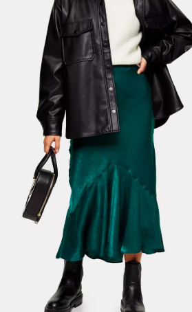 TOPSHOP PETITE Emerald Green Satin Flounce Midi Skirt