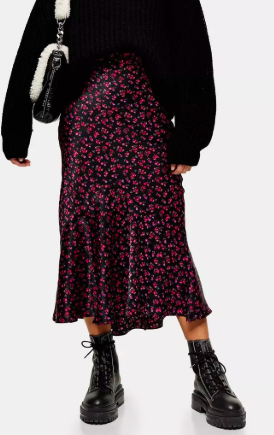 PETITE Black Ditsy Floral Flounce Midi Skirt