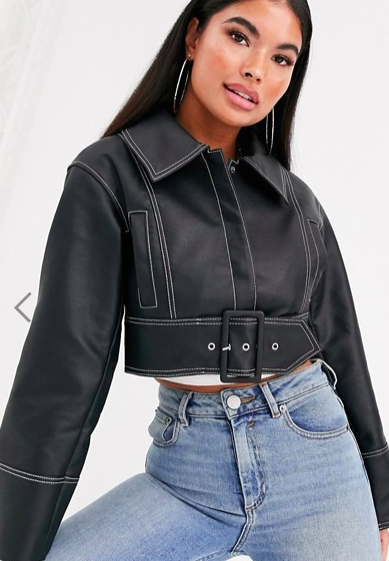 ASOS DESIGN Petite leather look statement belt jacket in black