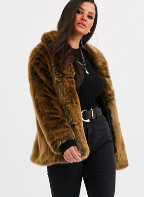ASOS DESIGN Petite stand collar faux fur coat in brown