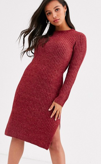 Vero Moda Petite knitted midi dress with side split in brown