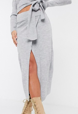 Missguided Petite two-piece wrap knitted midi skirt in gray