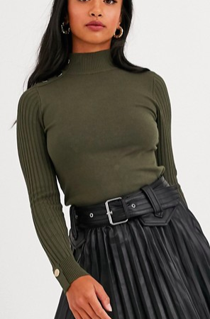 River Island Petite turtleneck sweater with shoulder button detail in khaki
