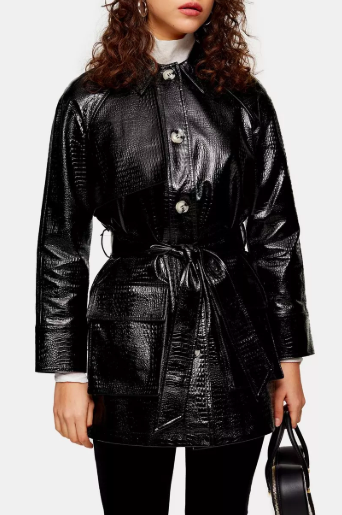 Topshop PETITE Black Faux Leather Crocodile Shacket