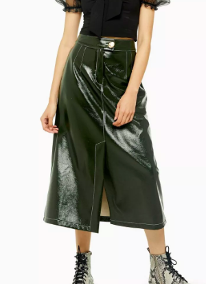 Topshop Dark Green A-Line Faux Leather Vinyl Midi Skirt