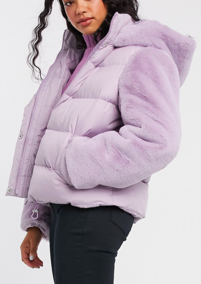 ASOS DESIGN hybrid faux fur paneled puffer jacket in lilac
