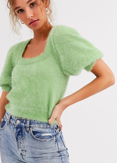 ASOS DESIGN square neck fluffy sweater with short sleeve