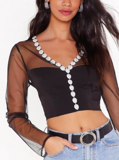 About a Pearl Cropped Mesh Blouse