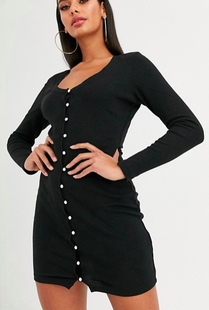 Missguided ribbed mini dress with pearl button detail