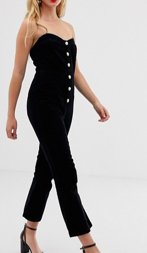 ASOS DESIGN cord bandeau jumpsuit with pearl buttons