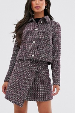 Fashion Union Petite crop jacket in tweed with pearl buttons two-piece