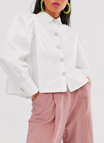 Sister Jane shirt with volume sleeves and faux pearl heart buttons