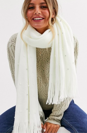 Stitch &amp; Pieces Exclusive winter white scarf with pearl detail