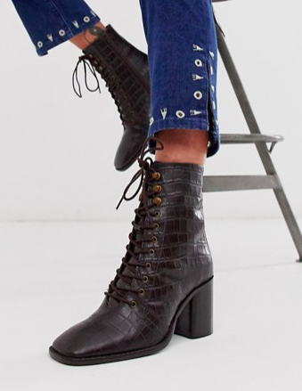 ASOS DESIGN Rivet leather square toe lace up boots in brown croc