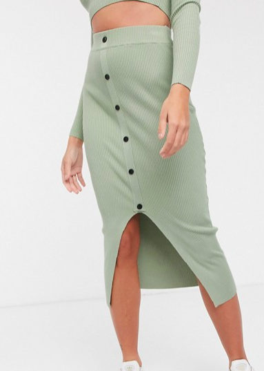 Missguided two-piece knitted midi skirt with contrast bottons in sage