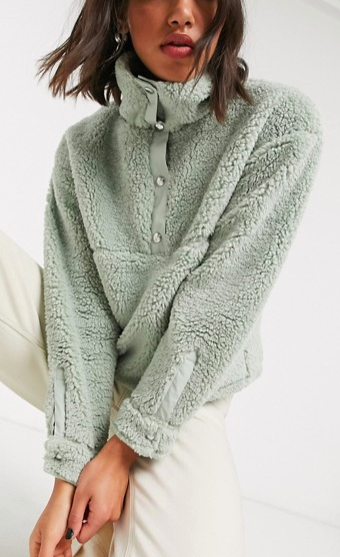 Bershka fleece popper detail sweater in mint
