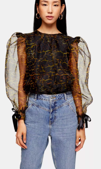 Topshop Black Leopard Organza Blouse With Bow Detail
