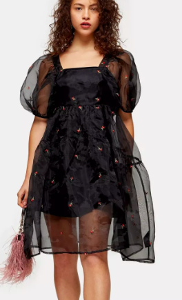 Topshop PETITE Black Embroidered Organza Tiered Dress