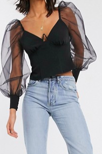 ASOS DESIGN crop top with organza sleeve and v bar detail