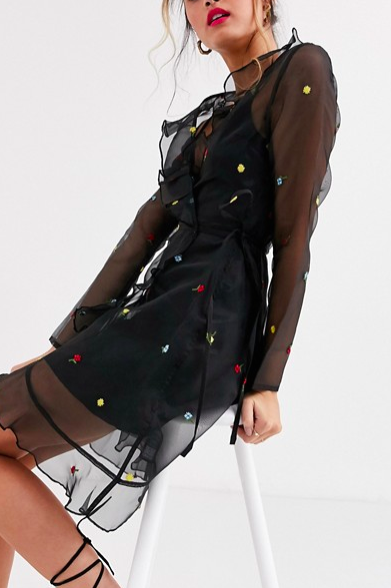 ASOS DESIGN embroidered organza mini wrap dress
