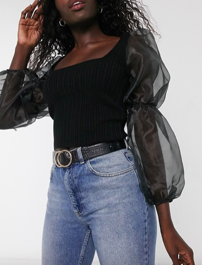 ASOS DESIGN square neck crop sweater with organza sleeves