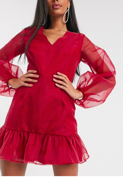 Missguided organza mini dress with puff sleeves in red