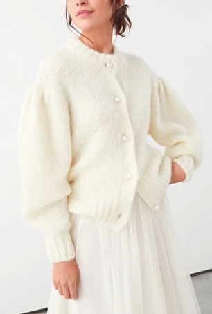 Stories Pearl Button Puff Sleeve Cardigan