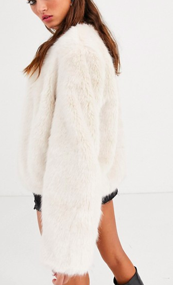 Bershka collarless faux fur coat in ecru