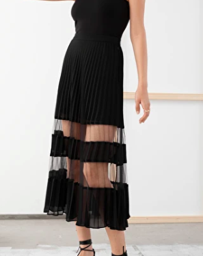 Stories Pleated Mesh Stripe Midi Skirt