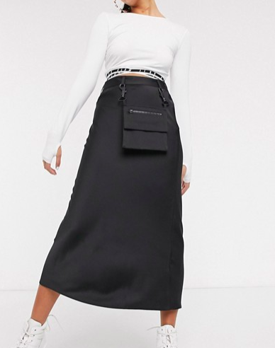 COLLUSION satin midi skirt with detachable bag