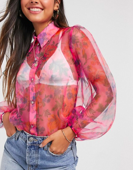 River Island floral print balloon sleeve organza shirt in pink