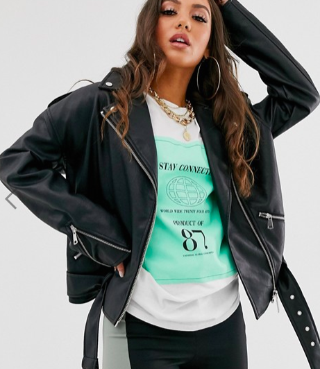 Missguided leather look boyfriend biker jacket in black