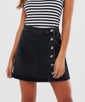 ASOS DESIGN denim wrap skirt with side buttons in black