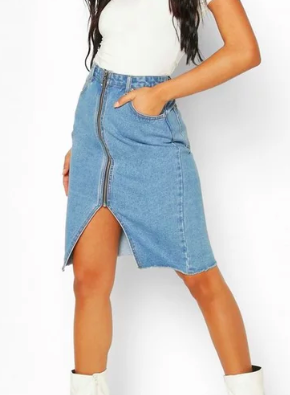 Boohoo Zip Front Denim Midi Skirt