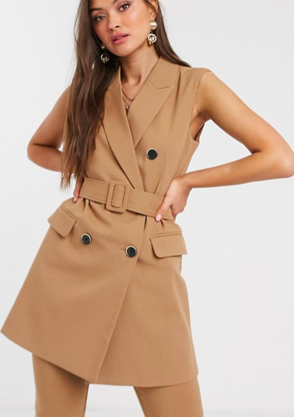 Stradivarius tri-set double breasted suit vest dress with belt in camel