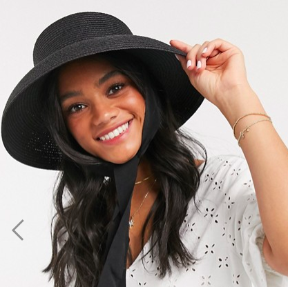 ASOS DESIGN turned edge straw hat with removable ties and size adjuster in black