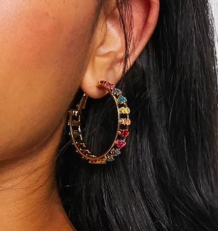 ASOS DESIGN gold plated hoop earrings with rainbow set crystals