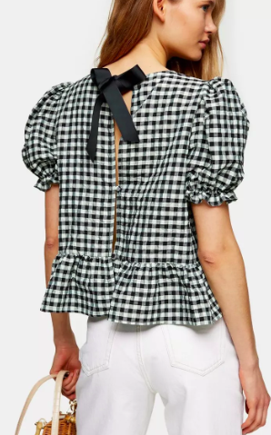 TOPSHOP Mint Check Bow Back Puff Shirt