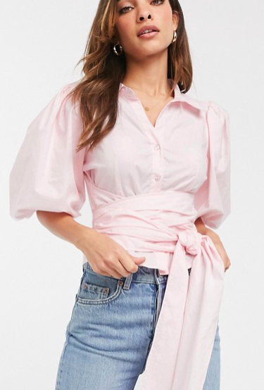 ASOS DESIGN cotton shirt with puff sleeve and wrap around belt