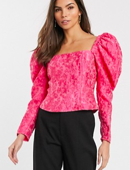 &amp; Other Stories puff sleeve cropped top in pink floral jacquard